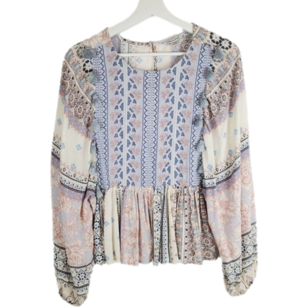 AMERICAN Eagle XS Boho Flowy Top 3/4 Dolman Sleeve Peasant Tassels Embroidered